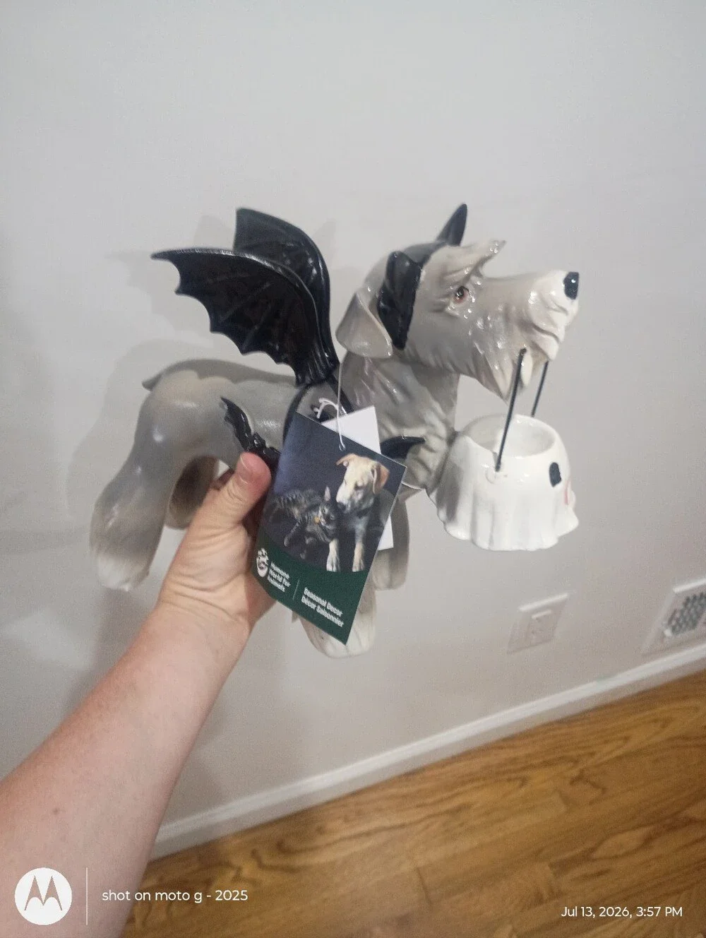 Halloween Schnauzer Dog Holding Ghost Bucket in Bat Custom Decor Figure
